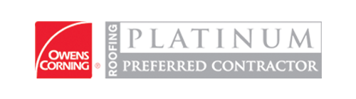 Owens Corning Roofing Platinum Preferred Contractor logo with red, gray, and silver text
