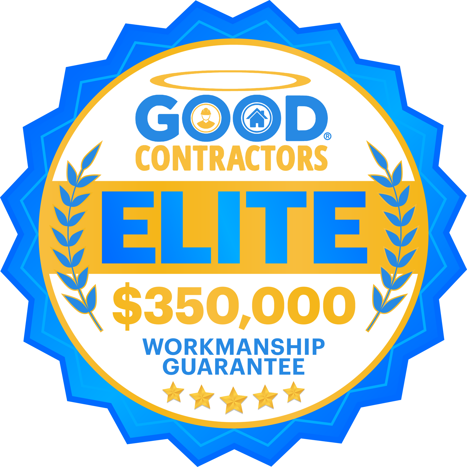 Good Contractors Elite badge with $350,000 workmanship guarantee in blue, gold, and white