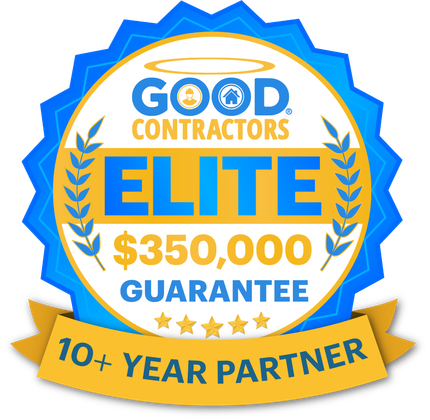 Good Contractors Elite $350,000 Guarantee 10+ Year Partner badge in blue and gold