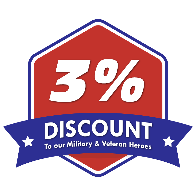 A red , white and blue emblem that says 3 % discount to our military and veteran heroes.