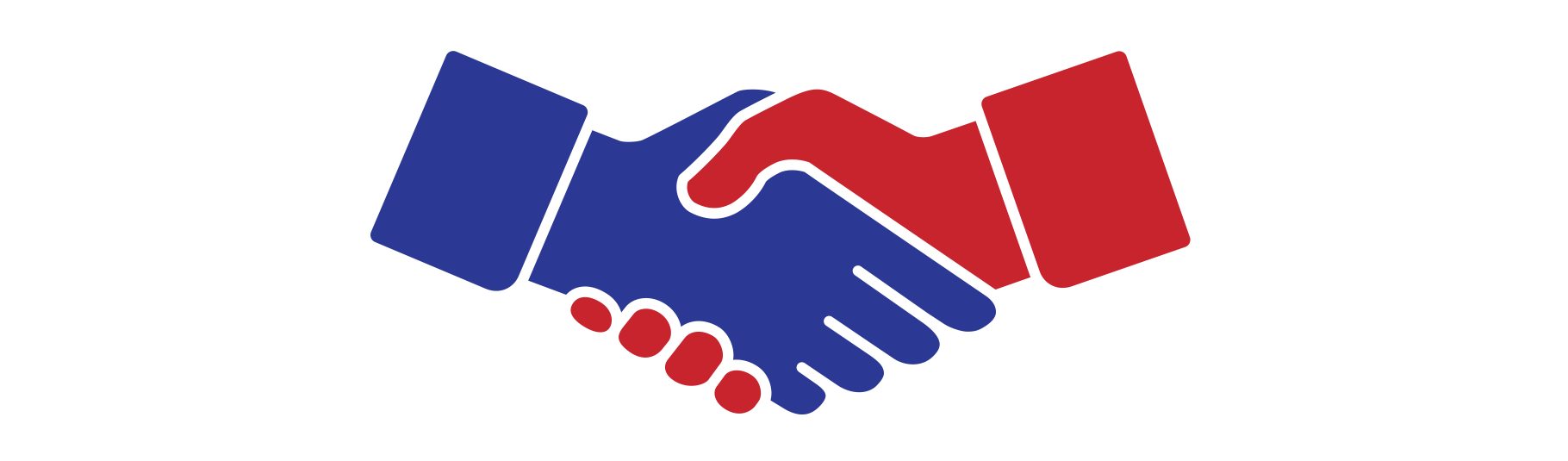 A blue and red handshake on a white background.