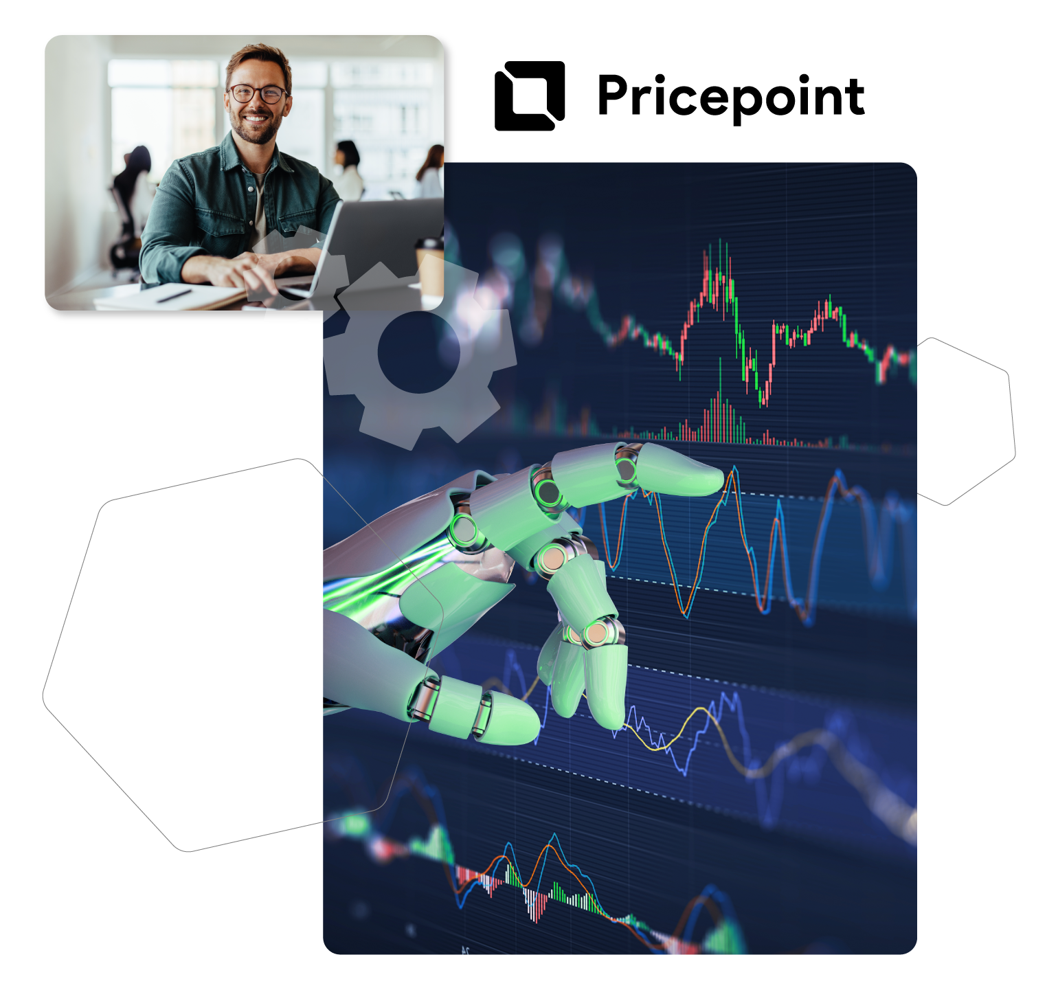 Man at laptop next to robotic hand analyzing stock chart; Pricepoint logo.