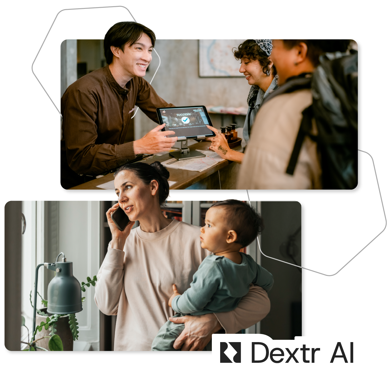 Two meeting scenes: a man presents a tablet and a woman holds a child; Dextr AI logo visible