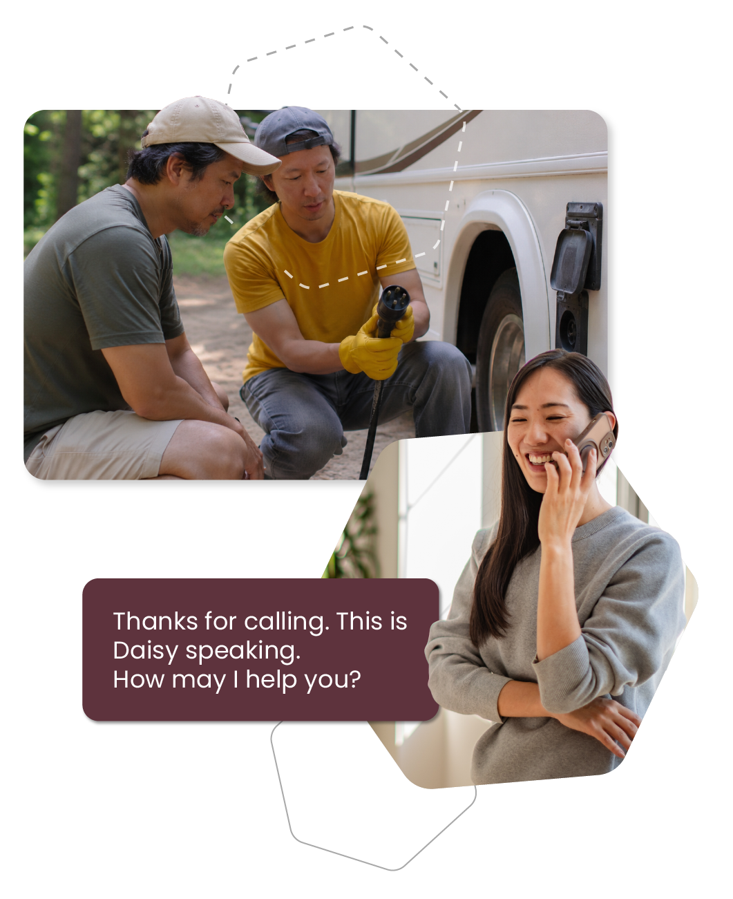 Two men on a boat discuss equipment while a woman appears in a callout saying, “This is Daisy speaking. How can I help?”