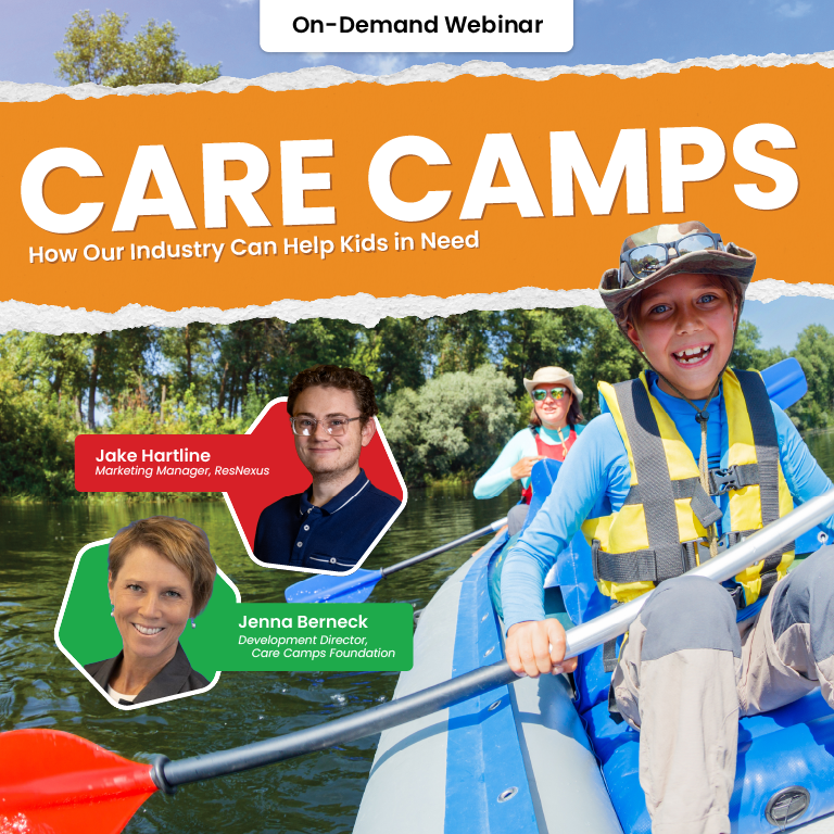 Webinar banner for “Care Camps” with smiling campers and staff outdoors