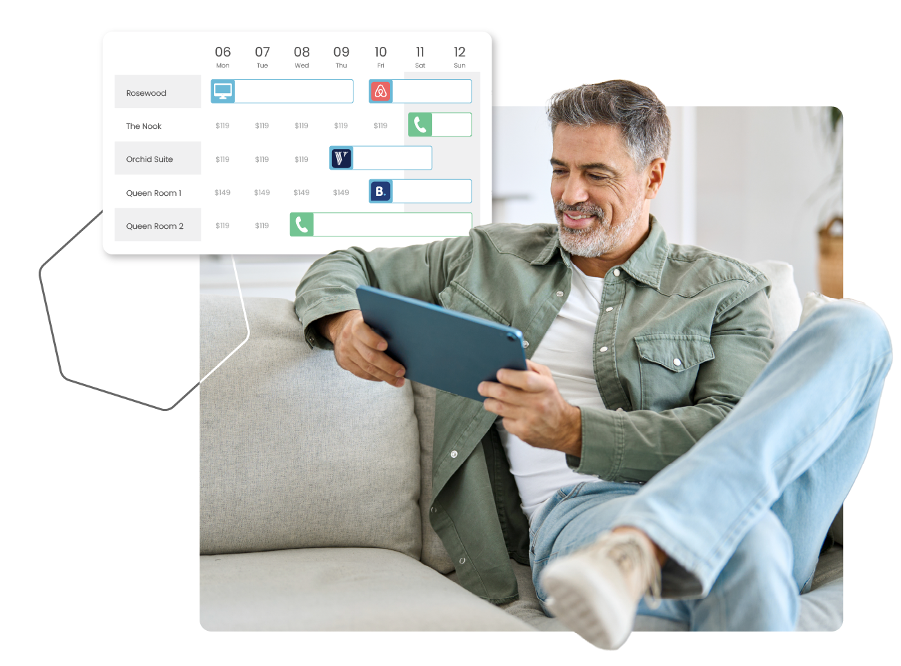 Man using a tablet on a couch beside a floating calendar-style app interface