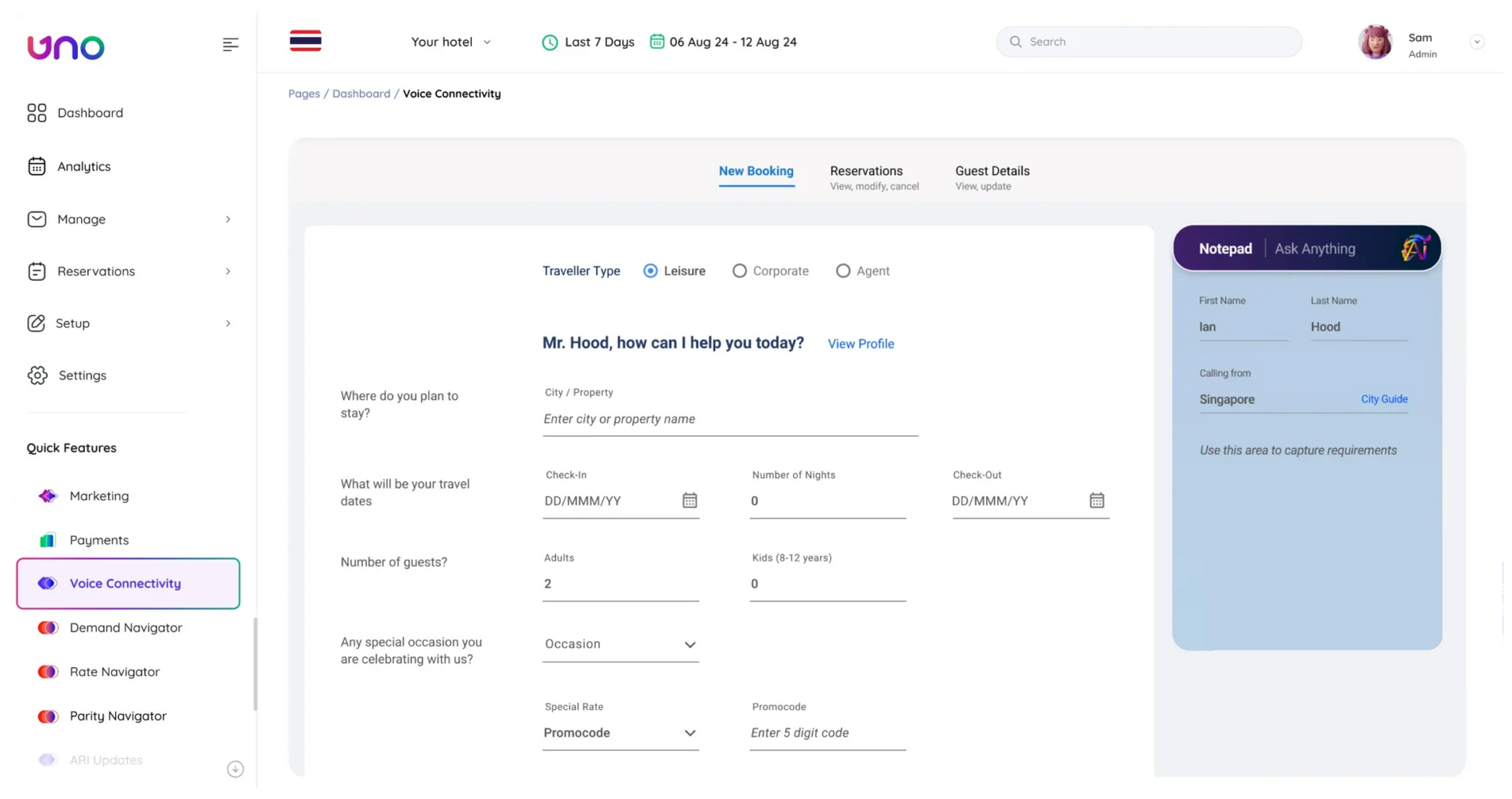 Web app dashboard with a left sidebar, central form settings, and a blue card preview on the right