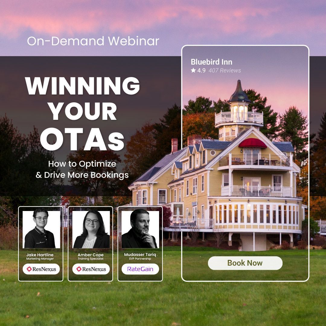 Webinar banner: “WINNING YOUR OTAs” with hotel photo, promoting more bookings
