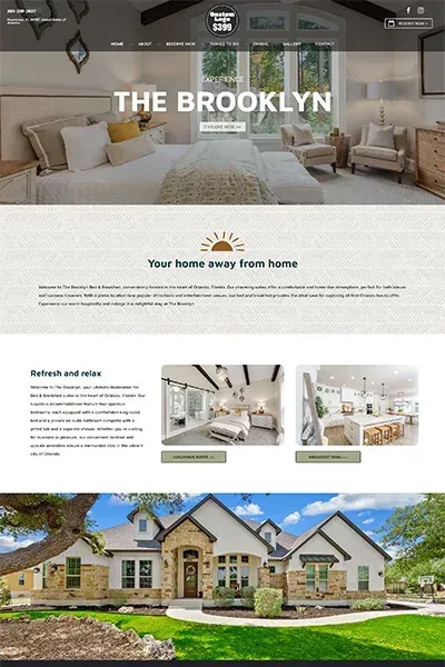 Real estate website page for “The Brooklyn” with luxury home interiors and exterior photo