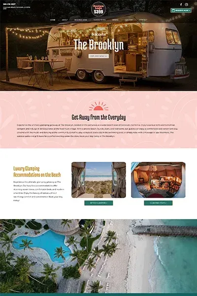 The Brooklyn resort webpage with beachfront cabin and pool photos against a pastel pink layout