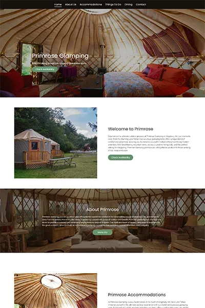 Website screenshot of a glamping site with rustic tents, scenic photos, and green call-to-action buttons