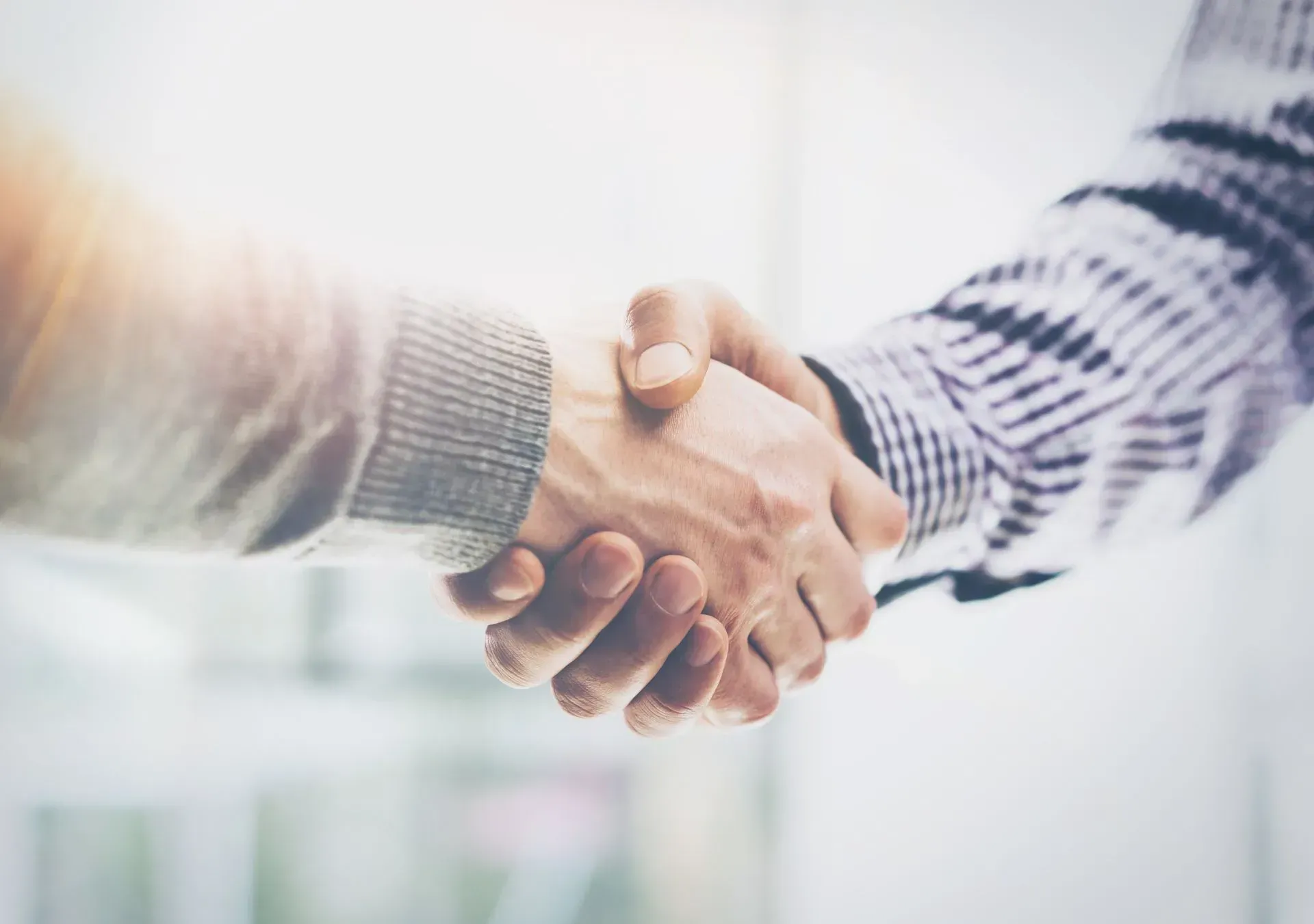 Two men are shaking hands in front of a window.
