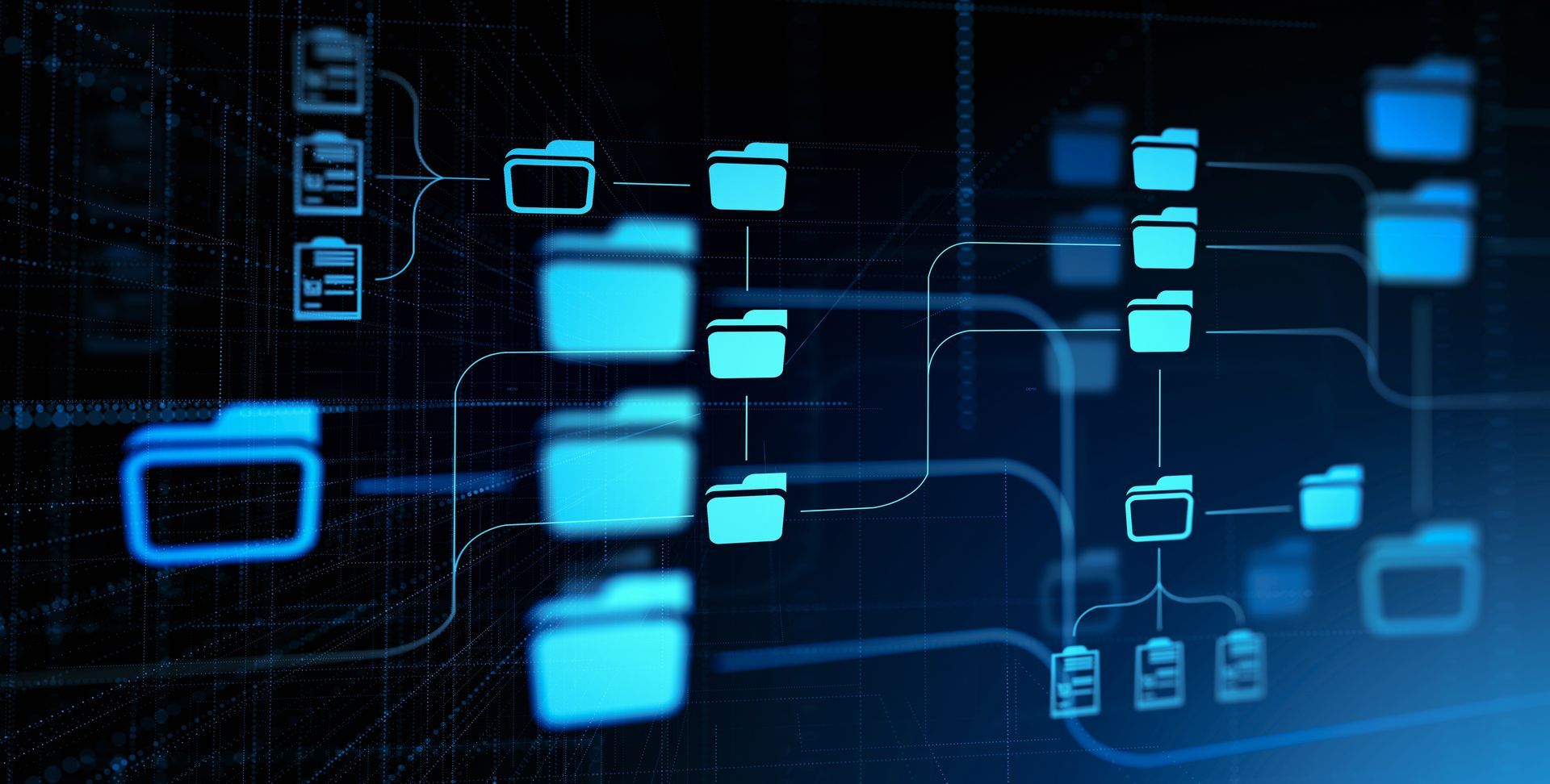 Blue glowing network diagram with connected folder icons on a dark digital background