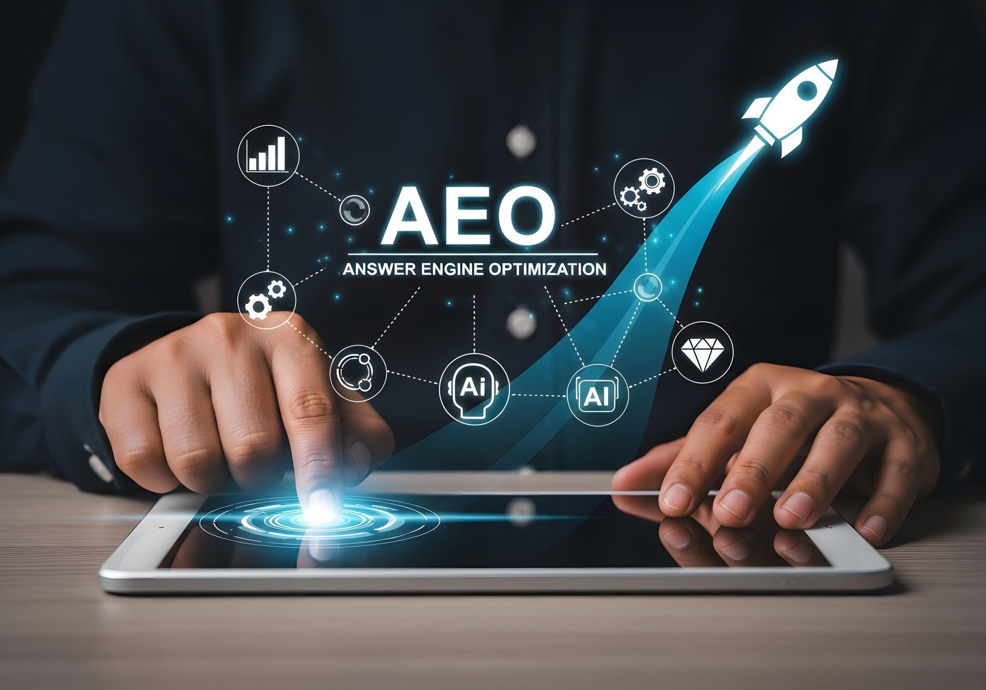 Hands tapping a tablet with glowing AI rocket and digital interface icons