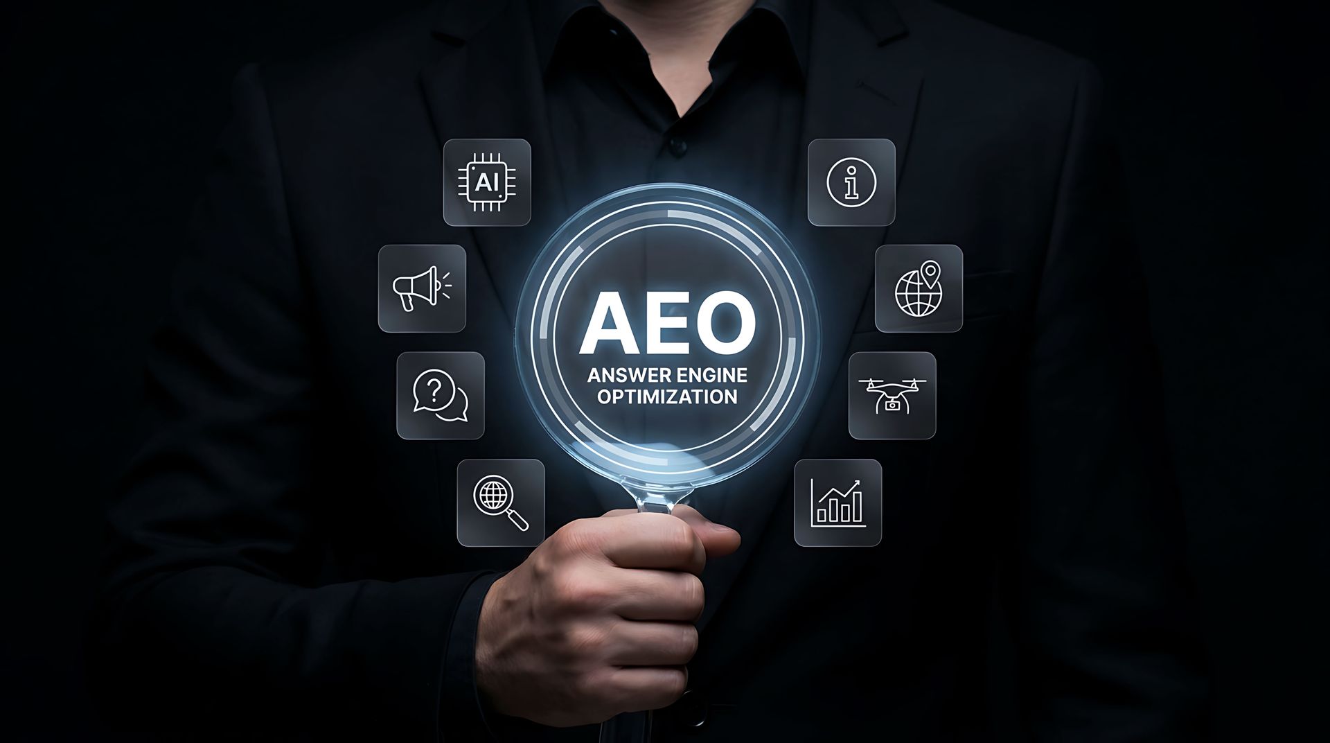 Hand holding glowing AEO circle with digital icons on dark background