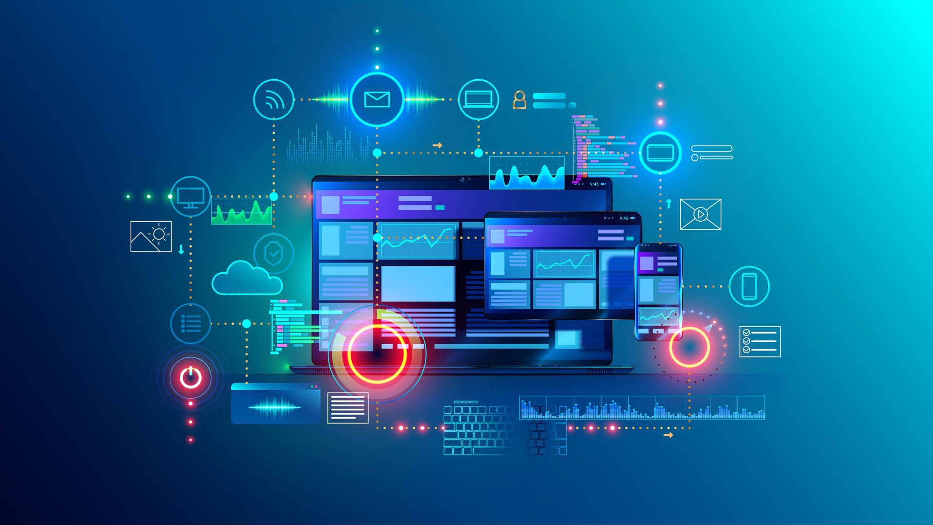 Digital devices interconnected with lines and glowing circles, depicting data flow and web design.