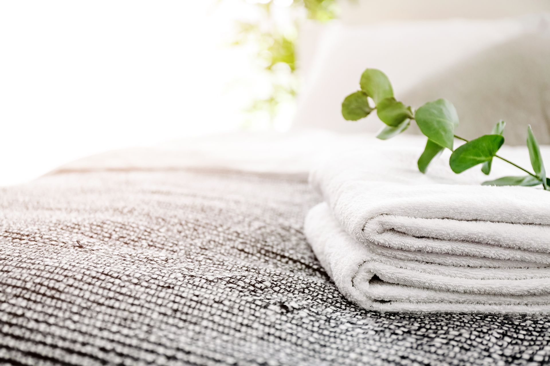 Folded white towels on a textured bed, with green eucalyptus sprig and soft sunlight.