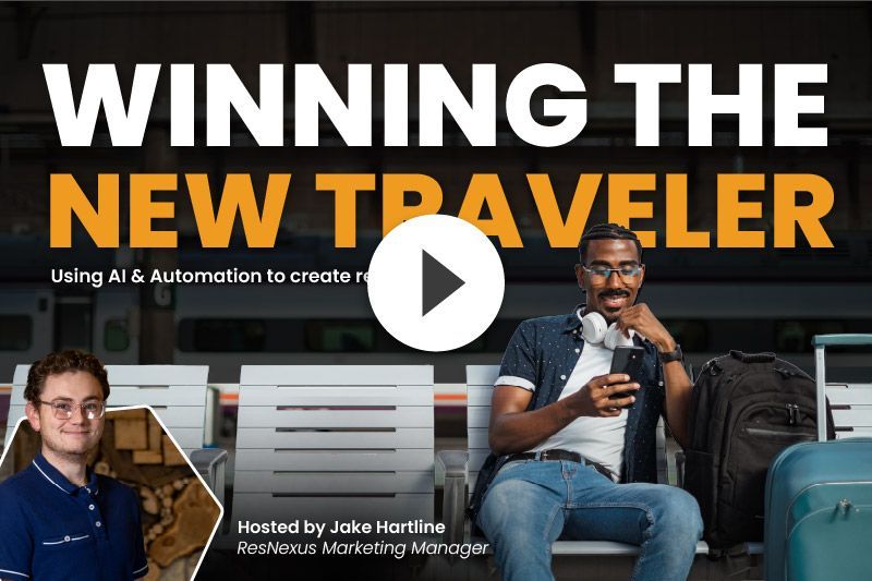 Webinar promo for “Winning the New Traveler” with AI and automation, featuring two speakers and a play icon