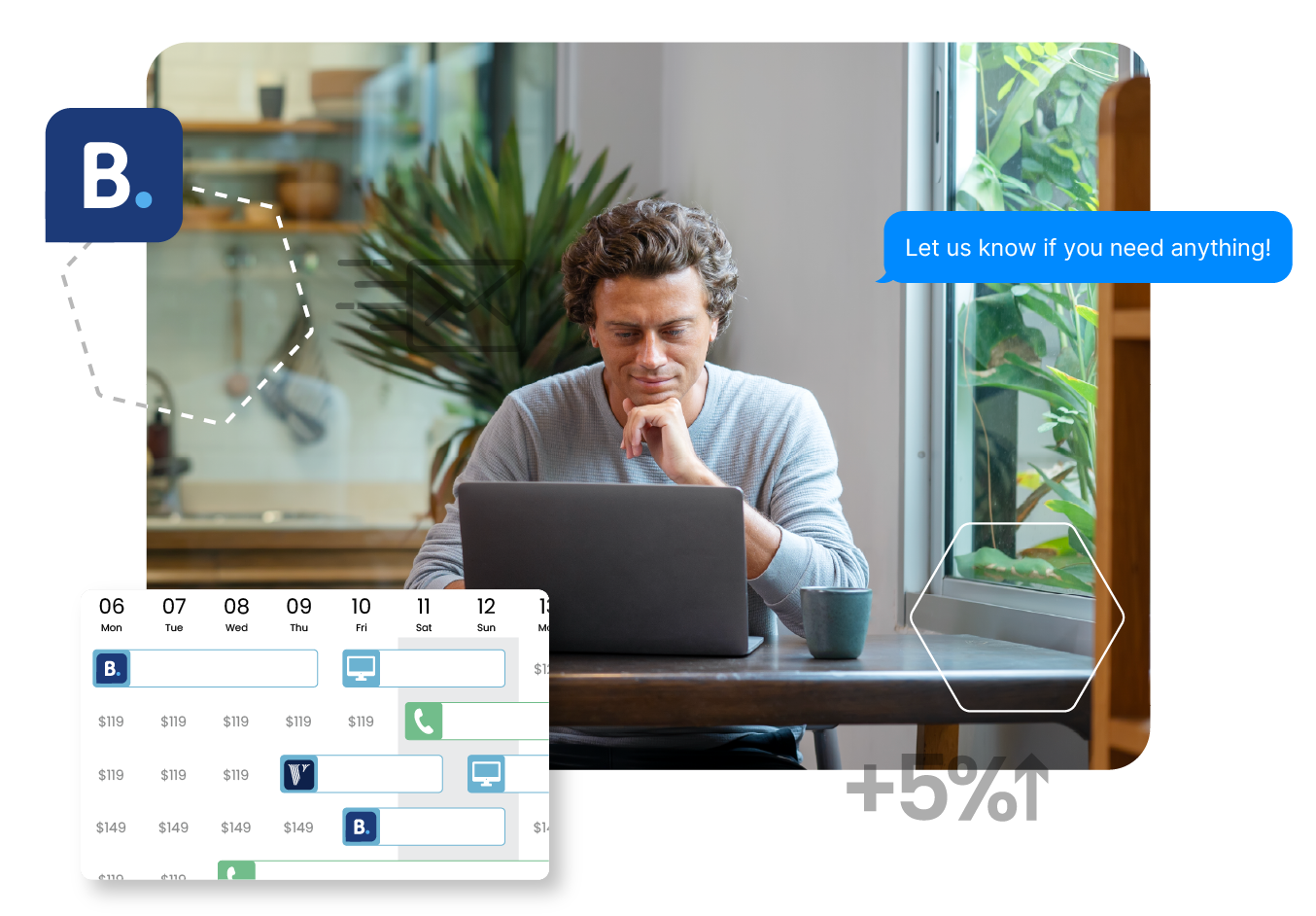 Man using a laptop at a desk with a calendar overlay and promotional graphics