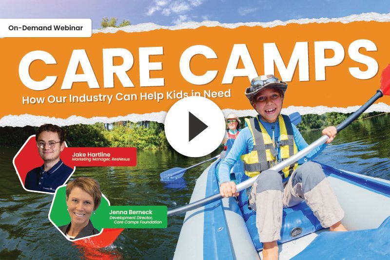 On-demand webinar poster for “Care Camps” with smiling camp staff outdoors in front of an inflatable water slide.