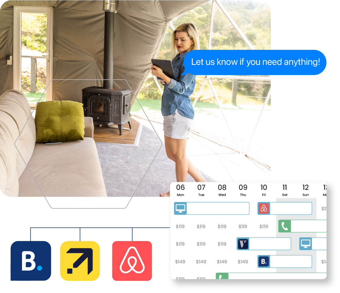 A woman is standing in a living room holding a tablet.