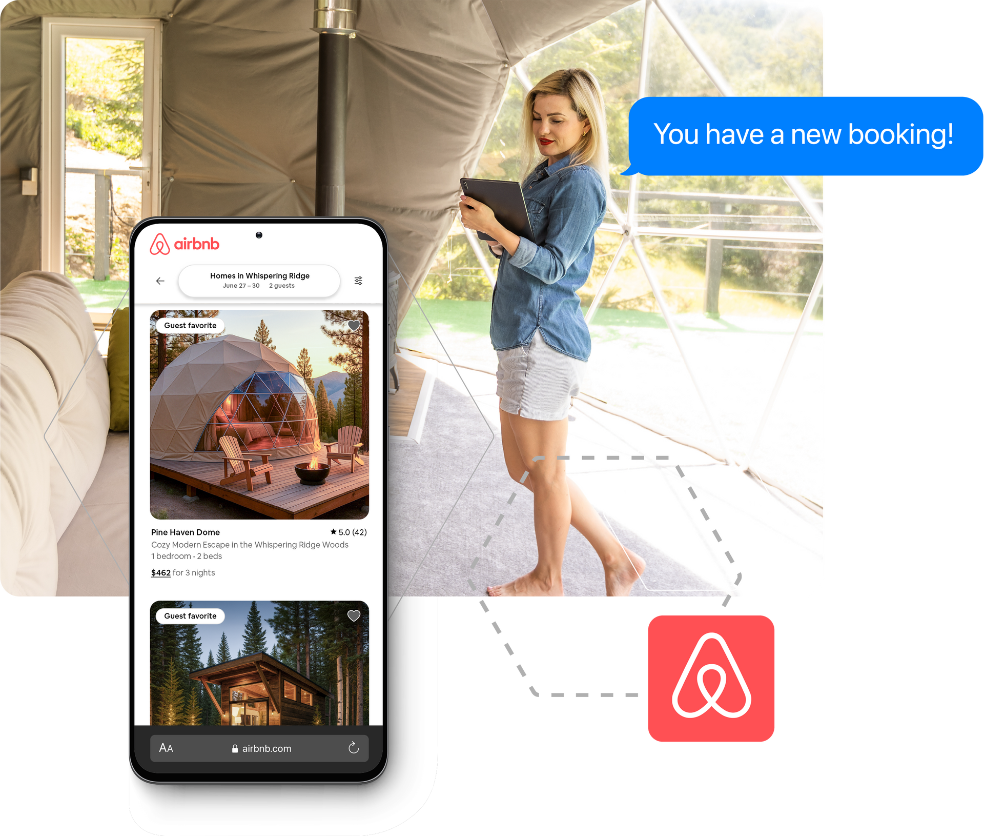 Woman receiving a new Airbnb booking notification on her phone, standing inside a dome-shaped accommodation.