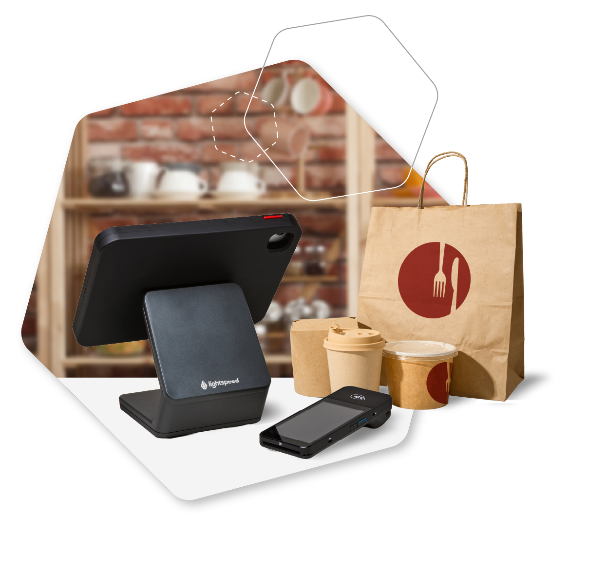 Coffee shop counter with tablet POS terminal, smartphone, cups, and branded paper bag