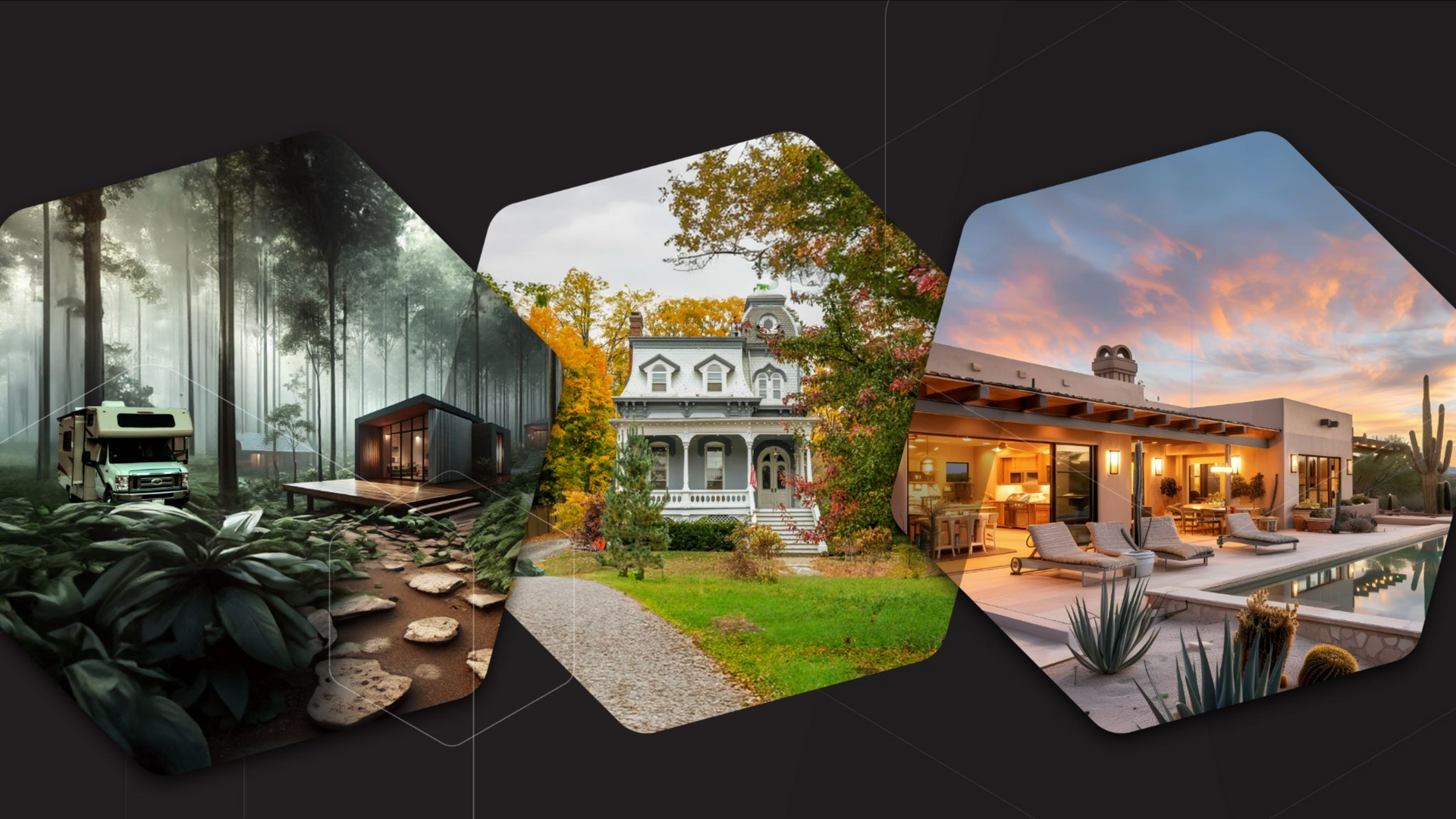 A collage of three pictures of a house , a forest , and a pool.
