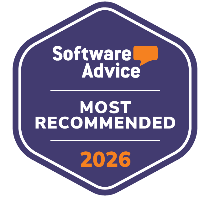 Software Advice award badge: Most Recommended 2026, purple hexagon with white text and an orange speech bubble.