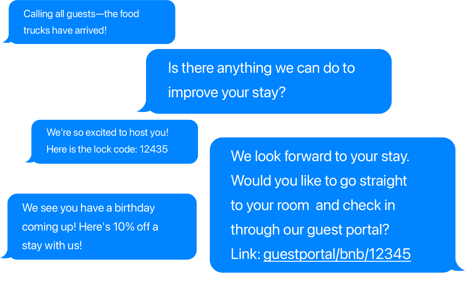 A bunch of text messages with one saying is there anything we can do to improve your stay