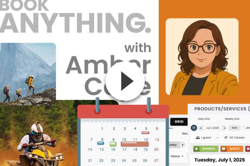 A woman is standing next to a calendar and a man riding an atv.