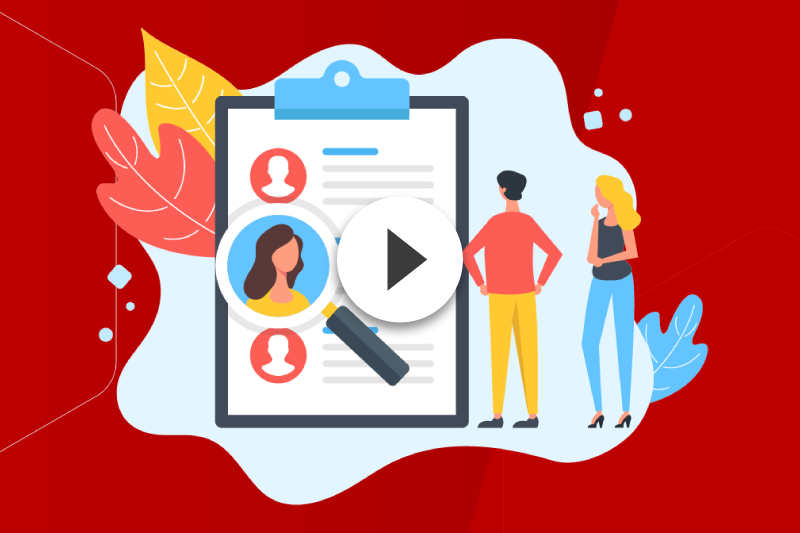 Clipboard with resumes, magnified, two figures contemplating hiring decisions. Red background.