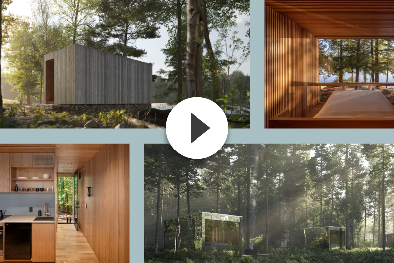 Wooden cabin in a forest setting. Interior and exterior views of the cabin are shown.
