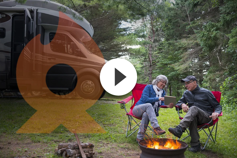 A man and a woman are sitting around a fire pit in front of a RV.