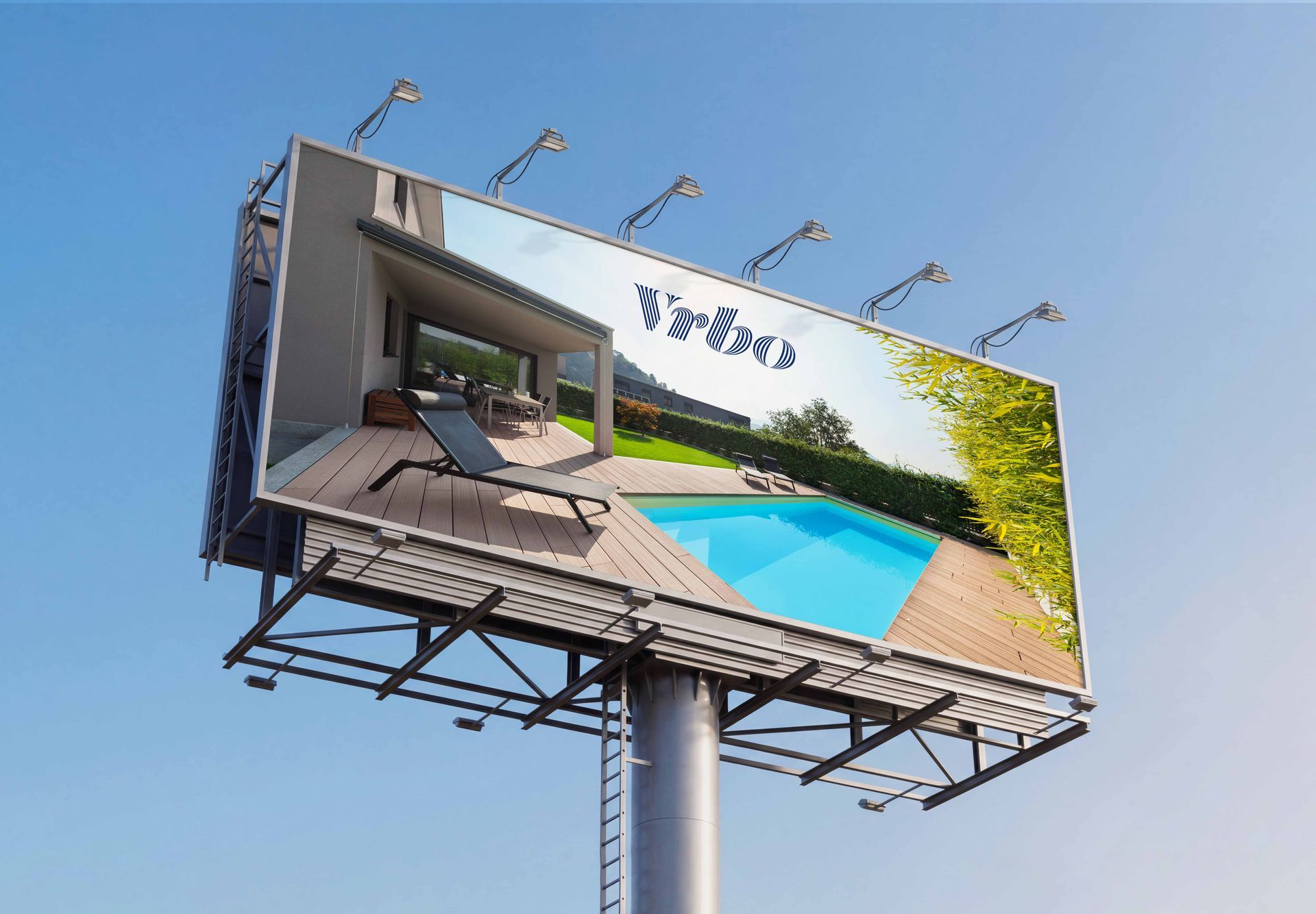 Billboards with cabin advertisement; sunset background.