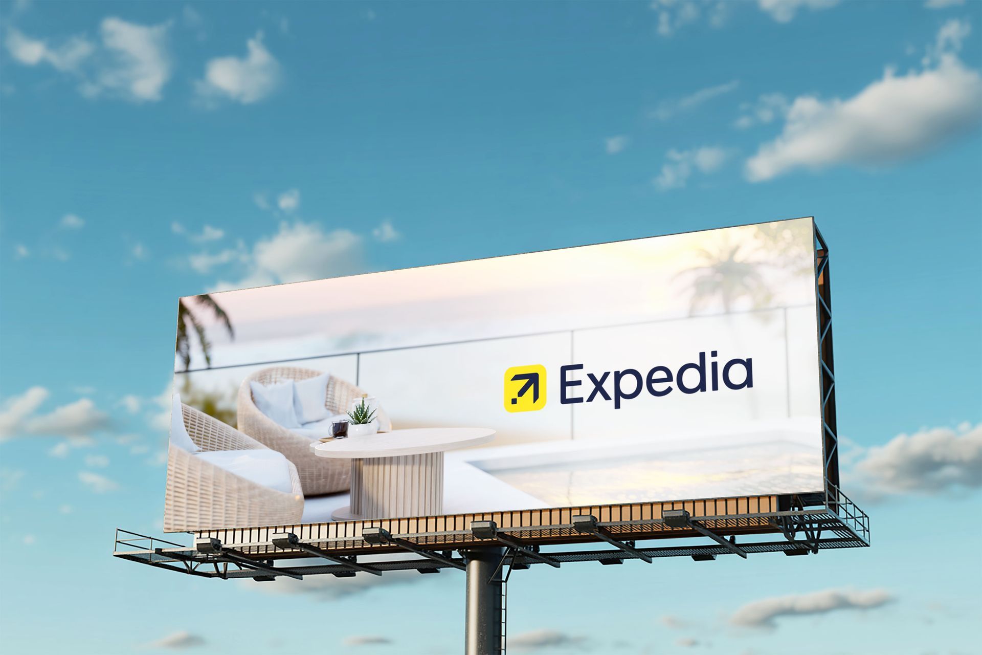 Billboards with cabin advertisement; sunset background.