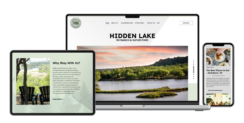 desktop, tablet, and mobile views of a professional campground website template