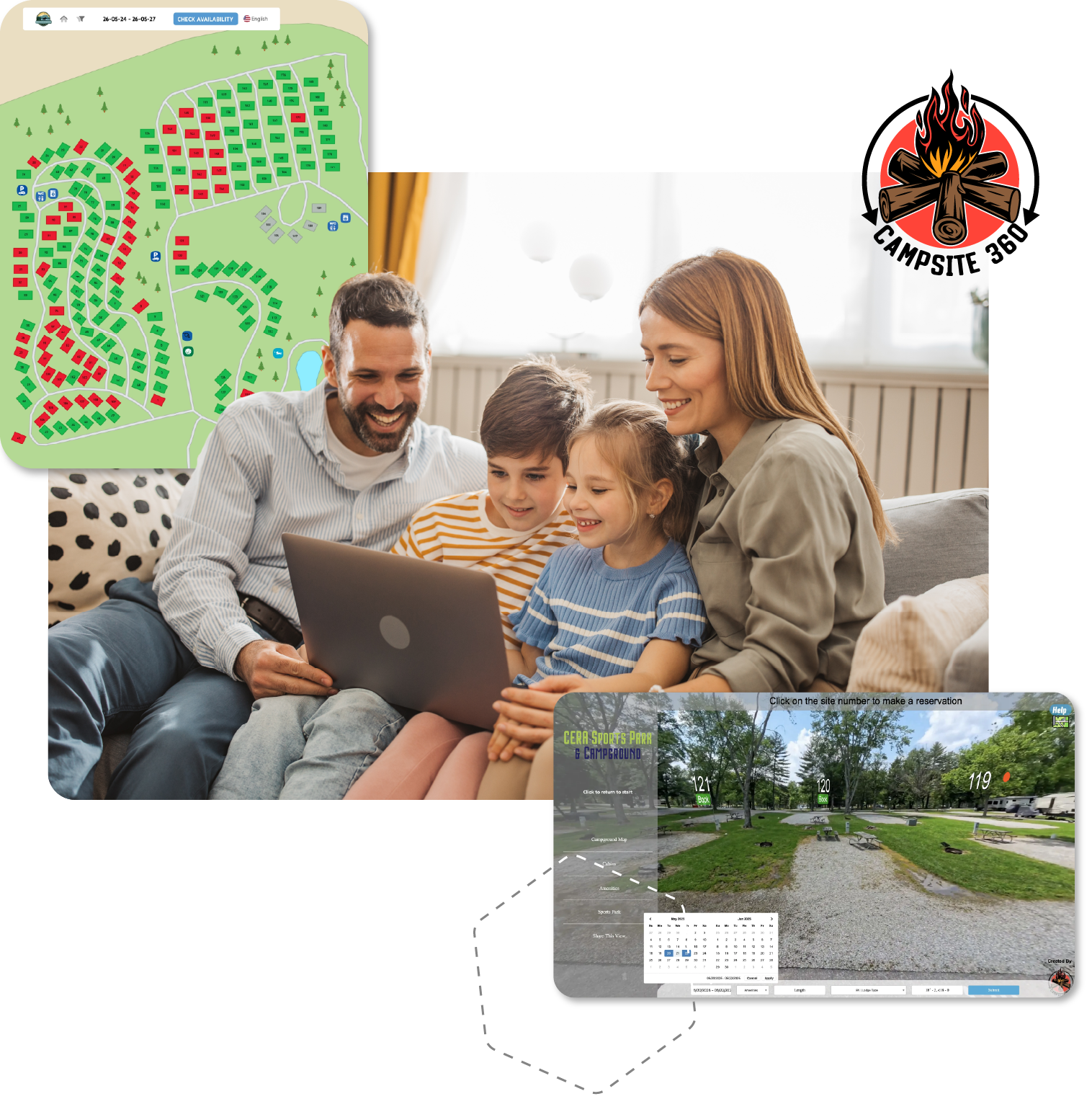 Family using a laptop on a couch with a campground map and campsite photos overlaid around them