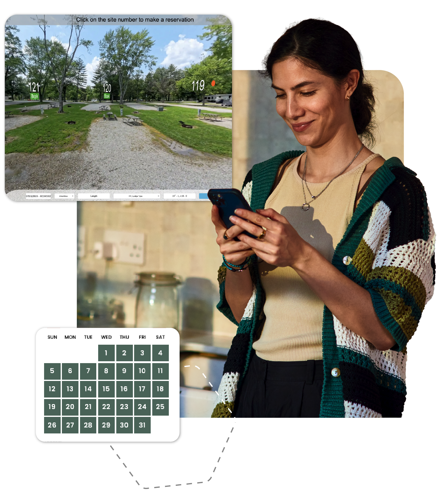 Person smiling at a phone beside a campsite360 preview and a small calendar graphic