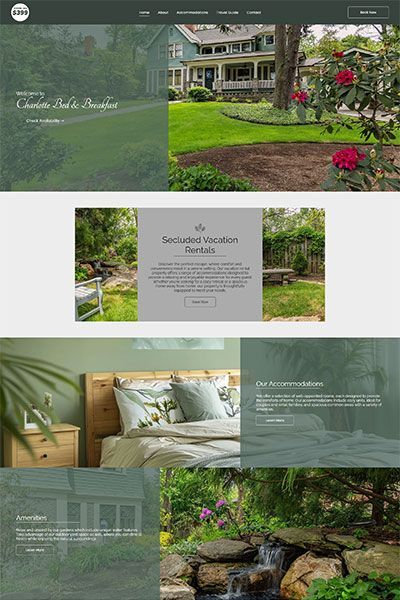 Collage of a garden inn website with exterior, room, plaque, and pond photos