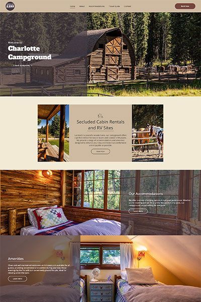 Camping website homepage with rustic cabins, forest views, and cozy tent interiors