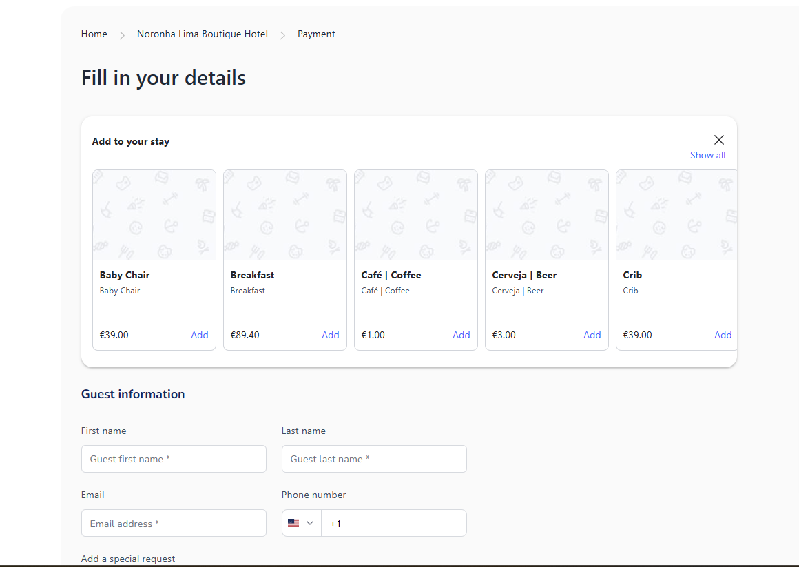 Hotel booking form with room selection cards and fields for entering traveler details