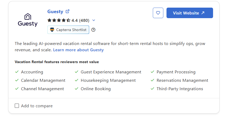 Software listing card for Gusty with star rating, feature checklist, and blue “Visit Website” button