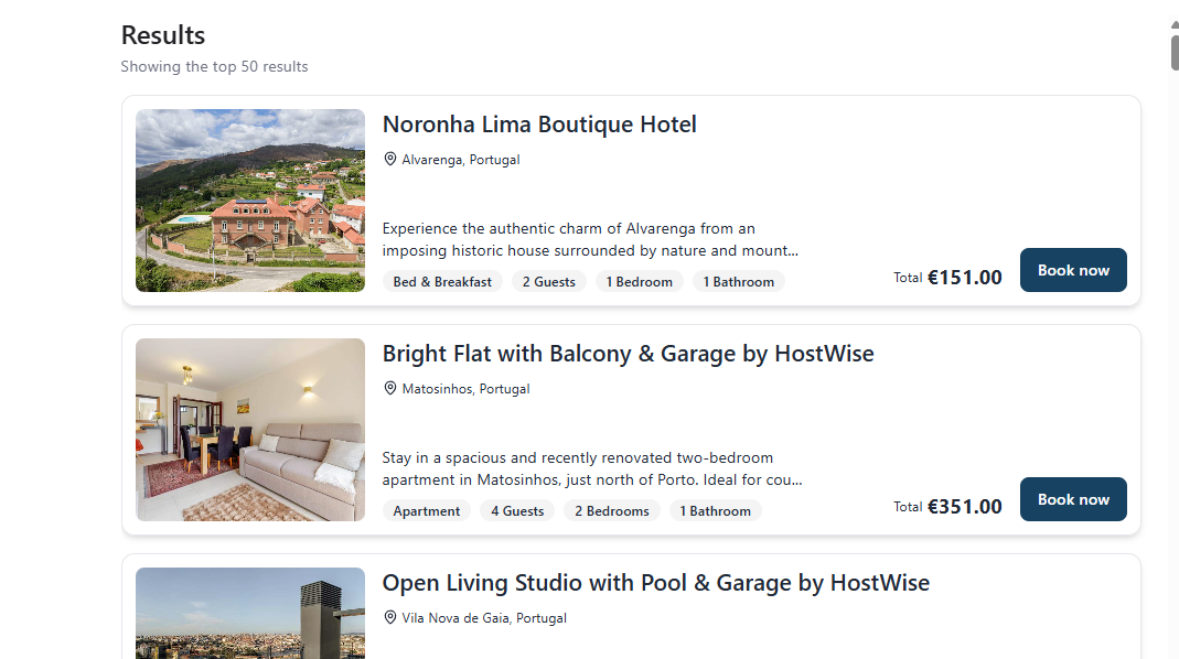 Hotel search results page with property photos, descriptions, ratings, and blue Book buttons