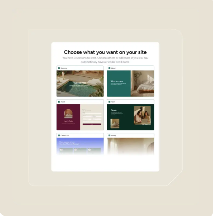 Website template selection screen with multiple colorful layout thumbnails on a white card.