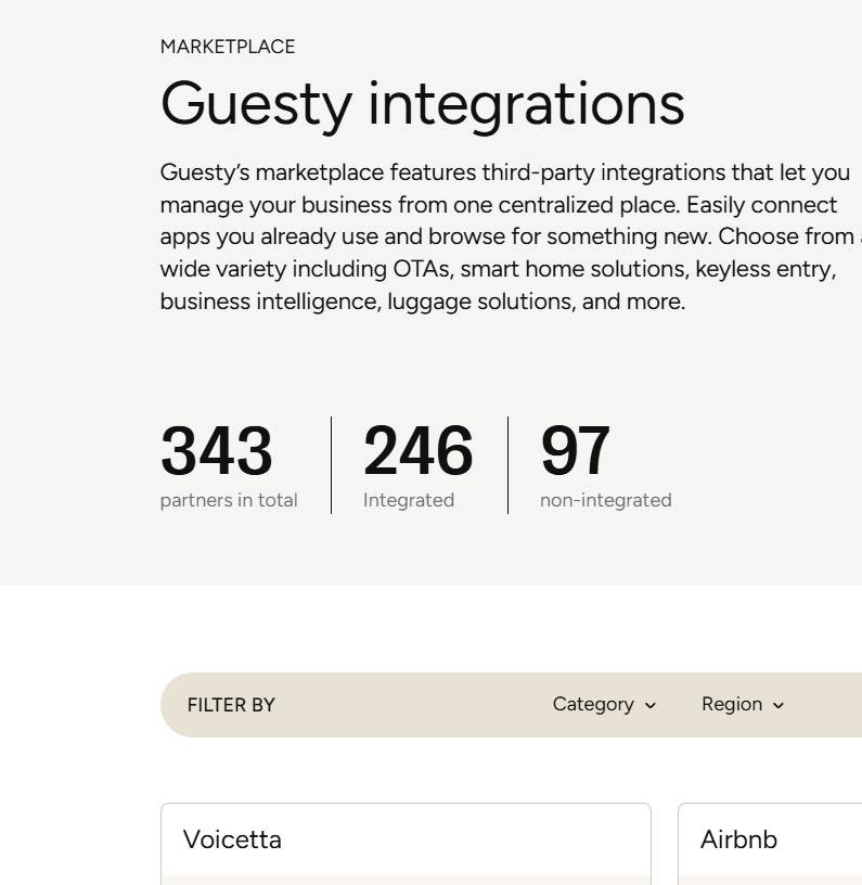Guesty marketplace dashboard showing integrations, with 343 partners total and filter options.