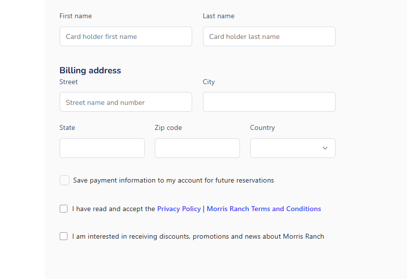 Online checkout billing address form with name, address, and consent checkboxes
