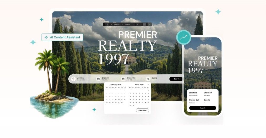Real estate website mockup with “Premier Realty 1997” over a tropical island background and mobile preview