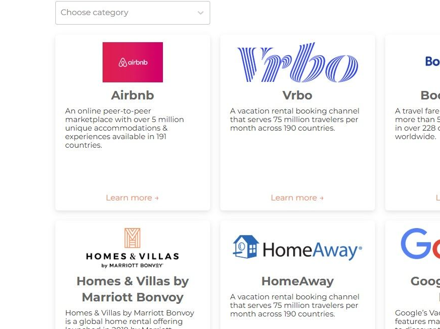 List of vacation rental brands, including Airbnb, Vrbo, HomeAway, and Google Vacation Rentals icons.