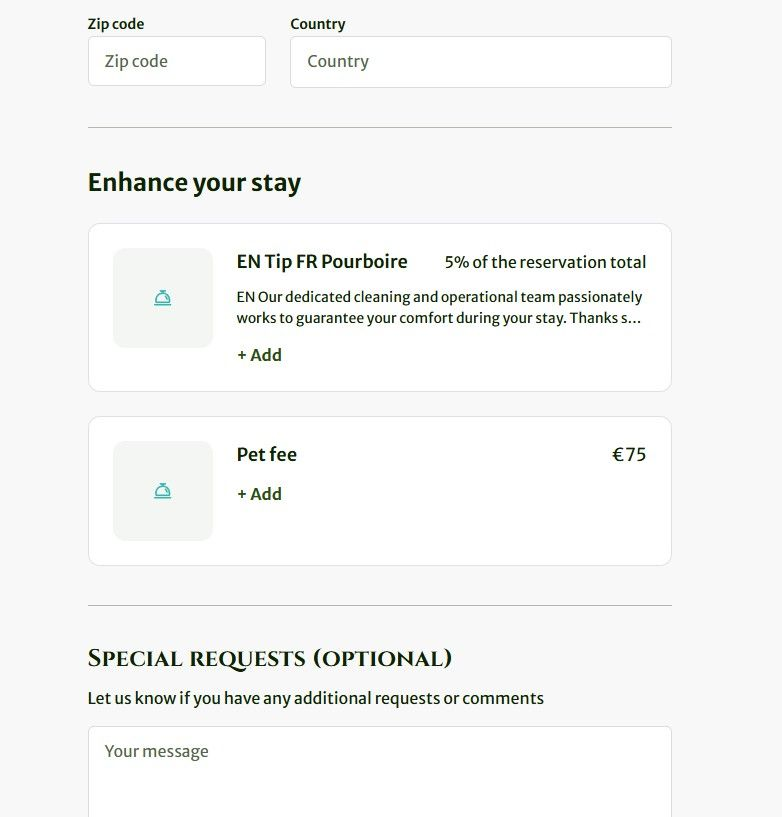 Hotel checkout form with zip code and country fields, plus optional add-ons for tour and pet fee.